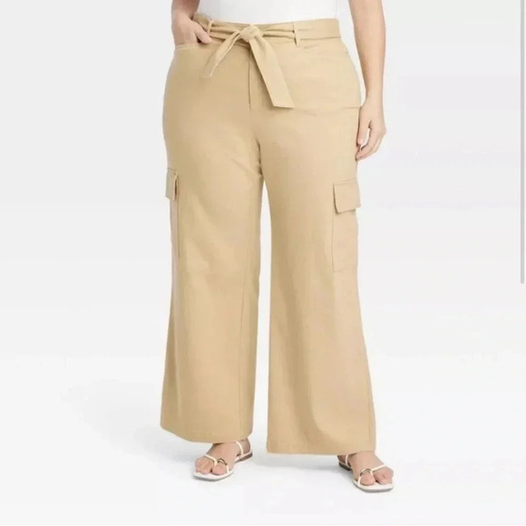 Sz 17 High-Rise Wide Leg Cargo Pants - Ava & Viv™ Tan - Picture 2 of 7